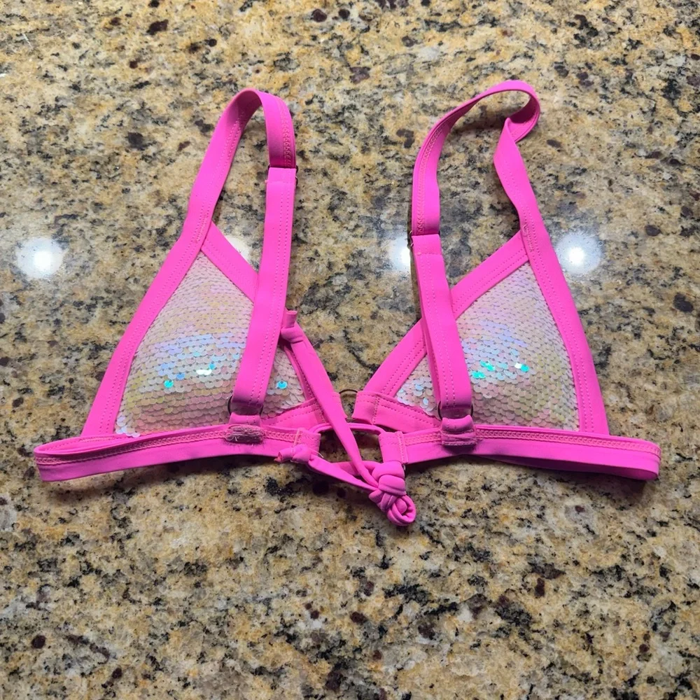 EUC‎ Zaful Pink Sequin Triangle Bikini Top Small Iridescent Mermaid Tie Back